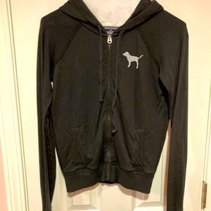 Victoria’s Secret black jacket with hood and peace sign on back with zipper